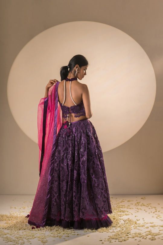 Full Gher Lehenga Purple & Pink Crepe Crochet