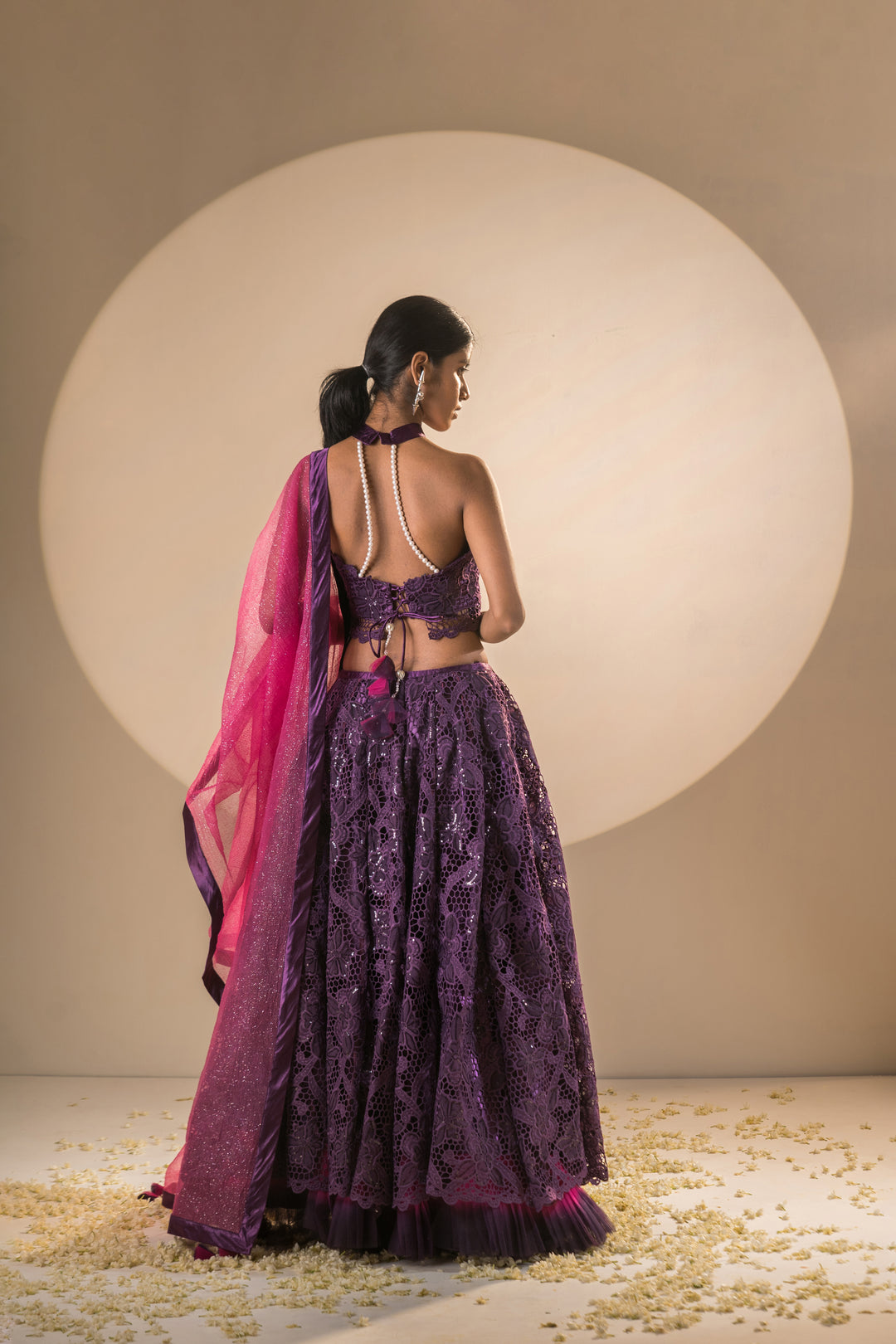 Full Gher Lehenga Purple & Pink Crepe Crochet