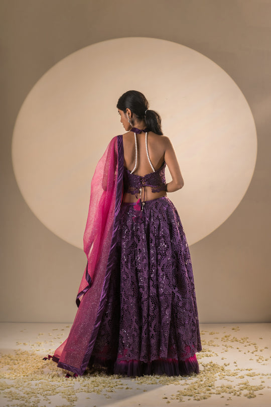 Full Gher Lehenga Purple & Pink Crepe Crochet