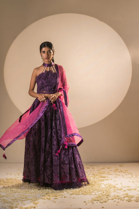 Full Gher Lehenga Purple & Pink Crepe Crochet