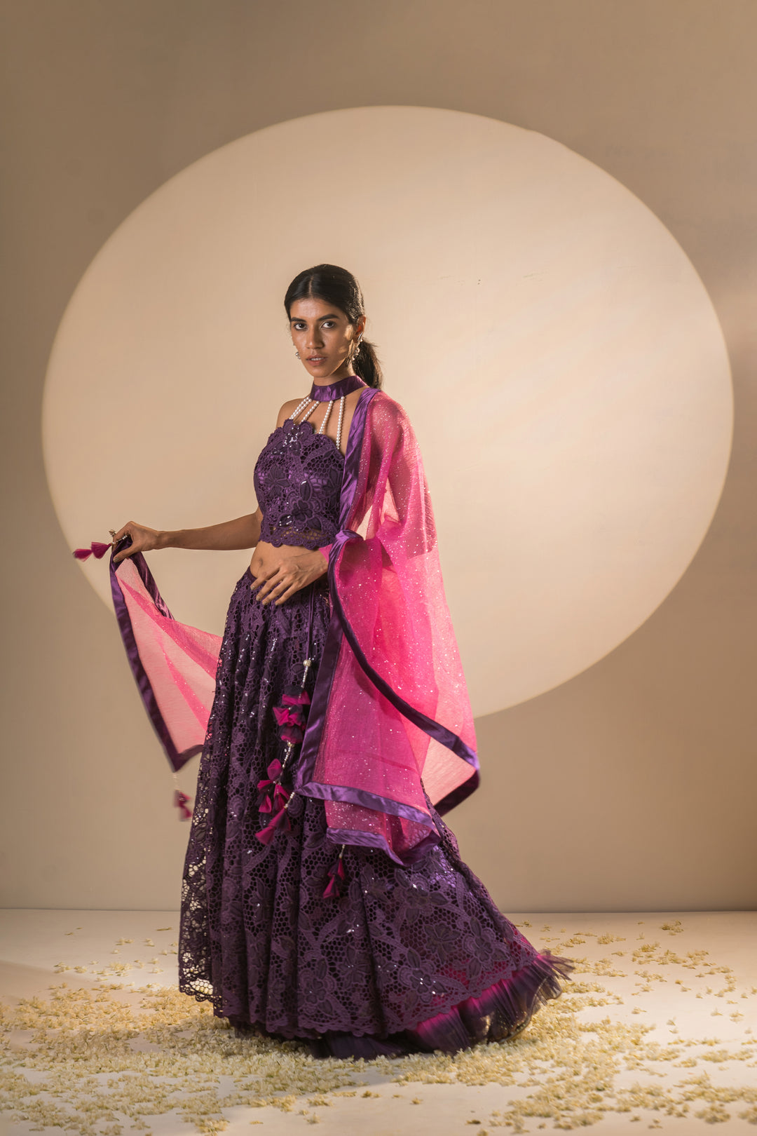 Full Gher Lehenga Purple & Pink Crepe Crochet