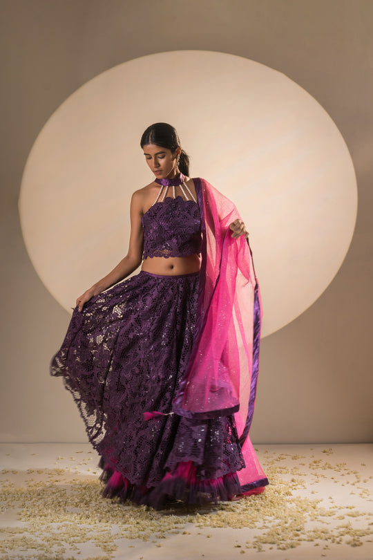 Full Gher Lehenga Purple & Pink Crepe Crochet