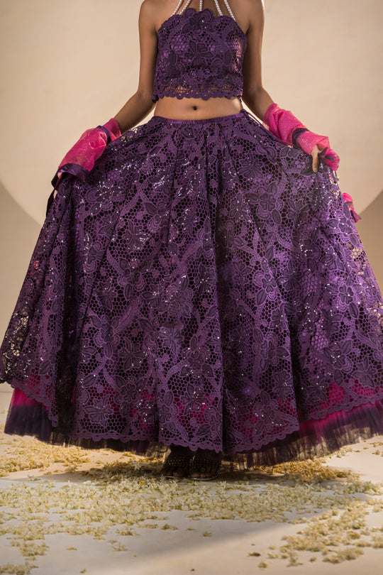 Full Gher Lehenga Purple & Pink Crepe Crochet