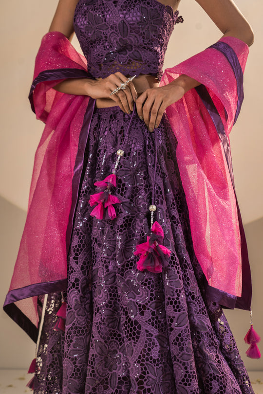 Full Gher Lehenga Purple & Pink Crepe Crochet