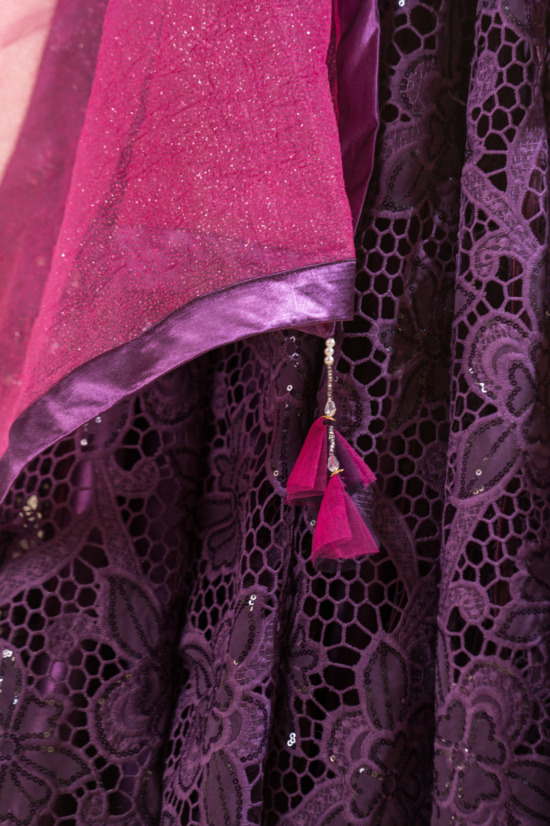 Full Gher Lehenga Purple & Pink Crepe Crochet