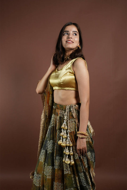 Yellow Mehndi Georgette Shabri Lehenga