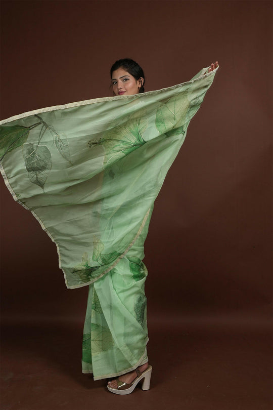Maharani Elegance Sea Green Hand painted Organza Saree with Dutch Satin Blouse