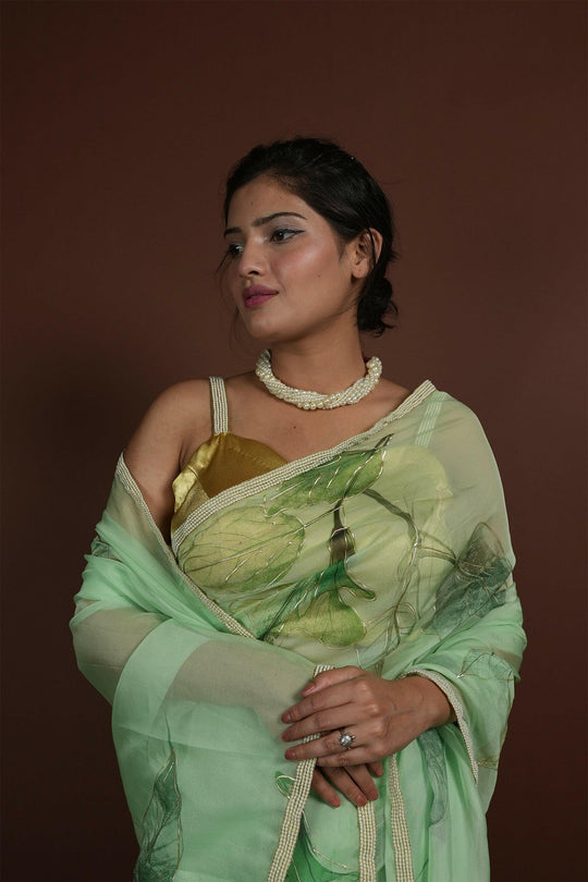 Maharani Elegance Sea Green Hand painted Organza Saree with Dutch Satin Blouse