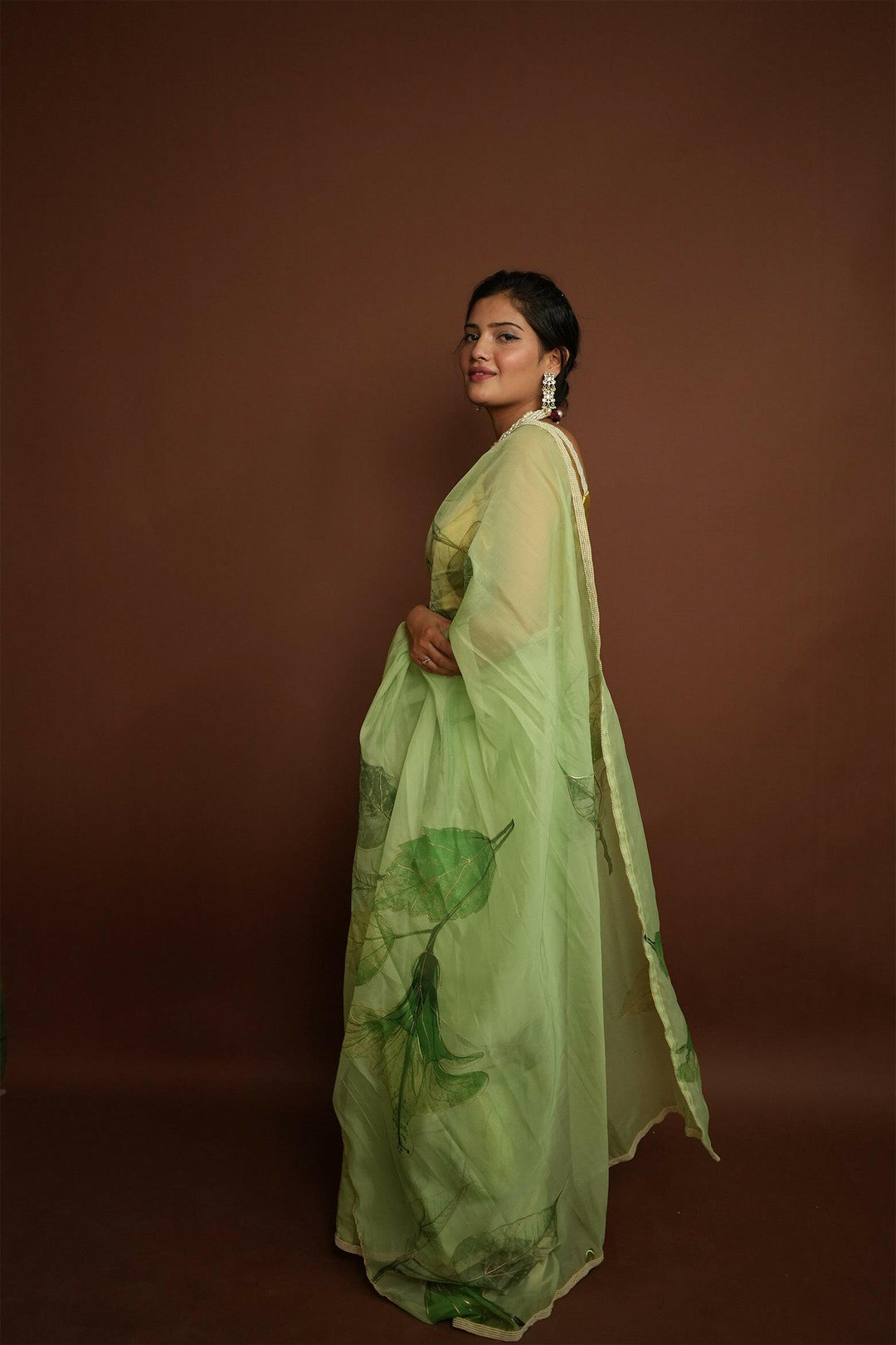 Maharani Elegance Sea Green Hand painted Organza Saree with Dutch Satin Blouse