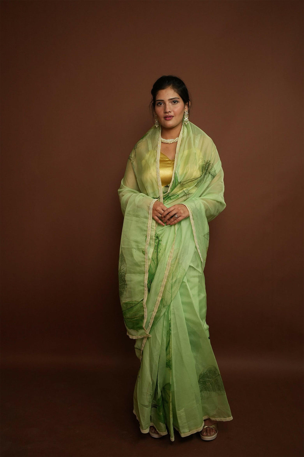 Maharani Elegance Sea Green Hand painted Organza Saree with Dutch Satin Blouse
