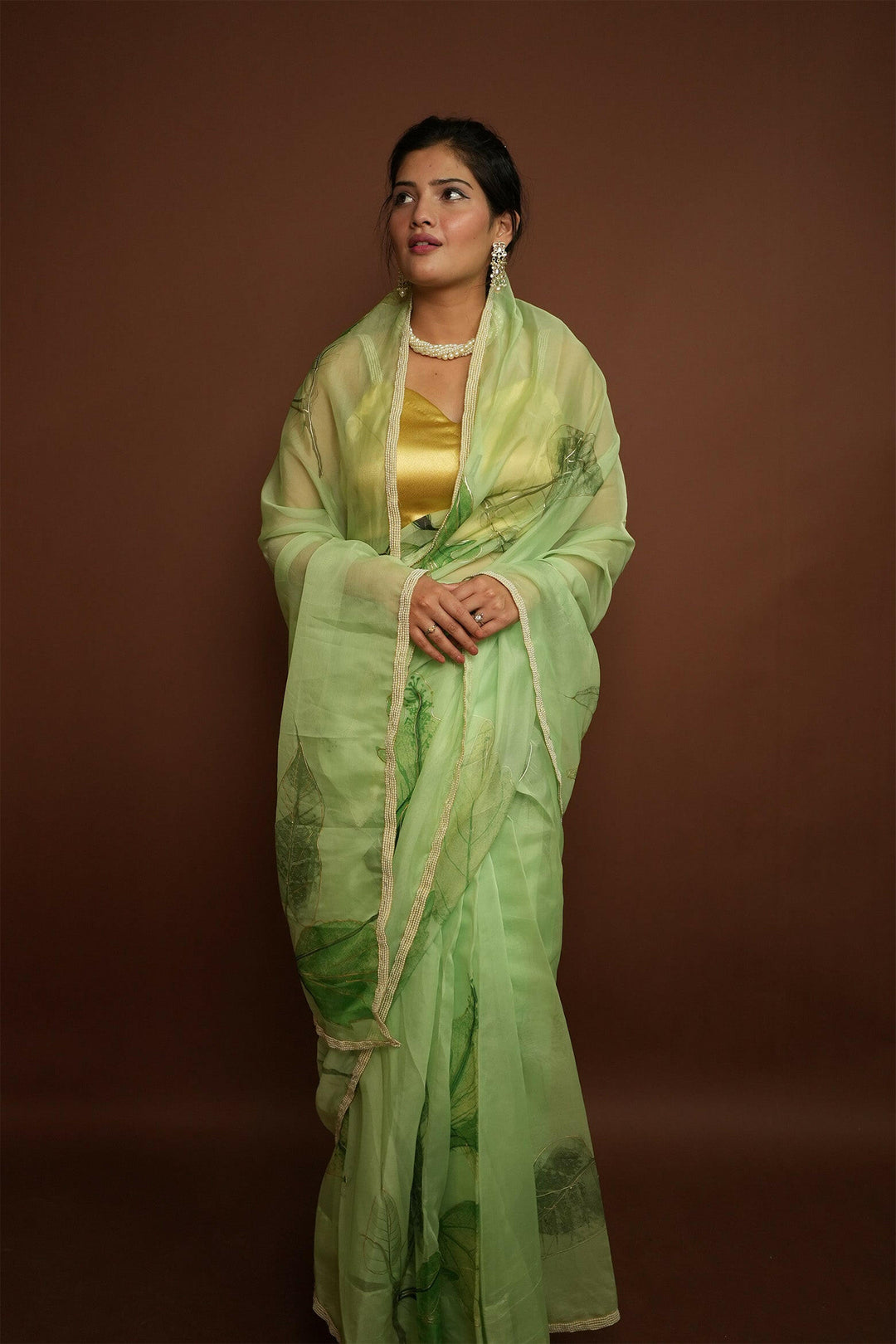 Maharani Elegance Sea Green Hand painted Organza Saree with Dutch Satin Blouse