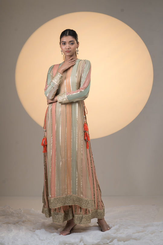 Peach and Green Georgette Kurta with Sharara
