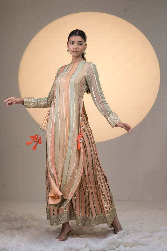 Peach and Green Georgette Kurta with Sharara