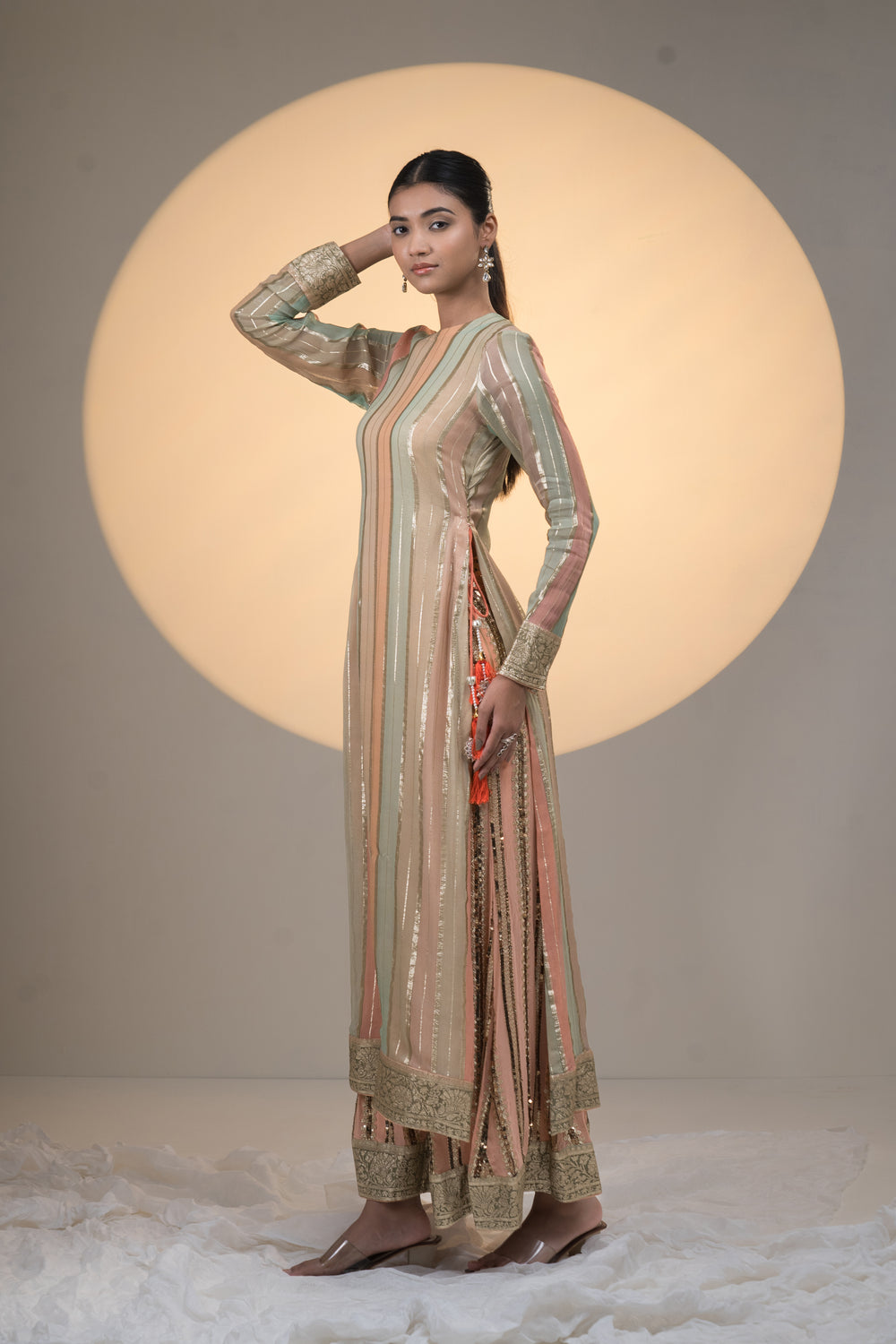 Peach and Green Georgette Kurta with Sharara