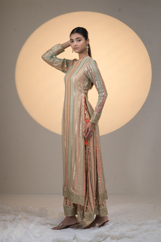 Peach and Green Georgette Kurta with Sharara