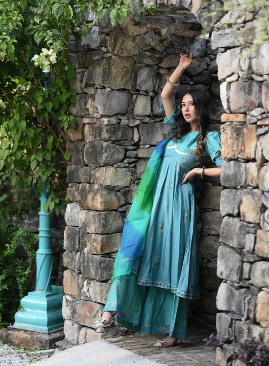 Peacock Anarkali Cotton Suit With Double Shade Dupatta