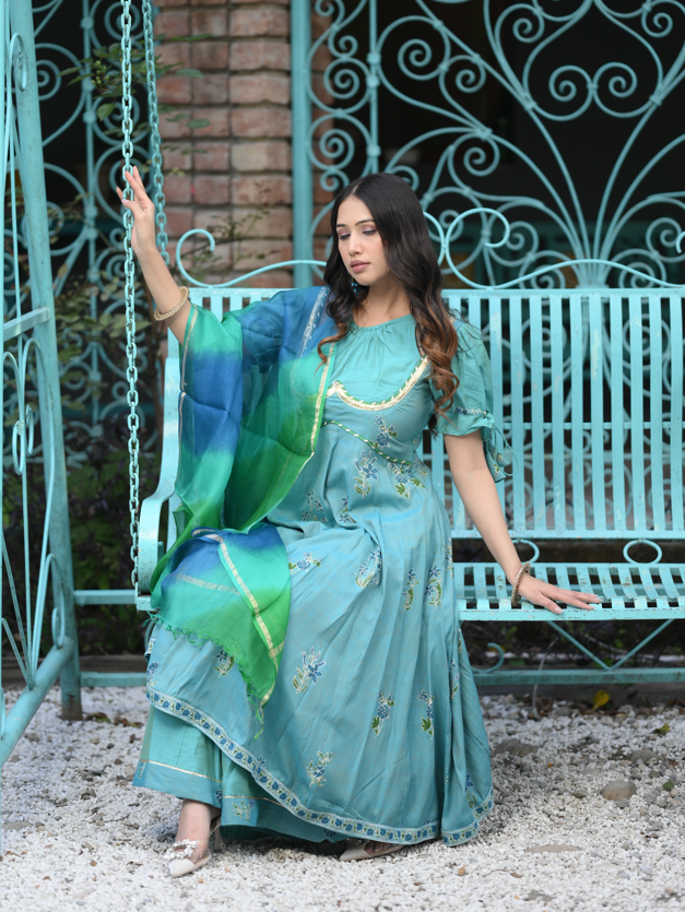 Peacock Anarkali Cotton Suit With Double Shade Dupatta