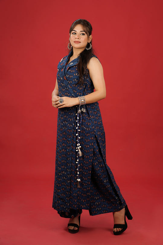Royal Blue Hand Block Print Coord Set with Shell Belt