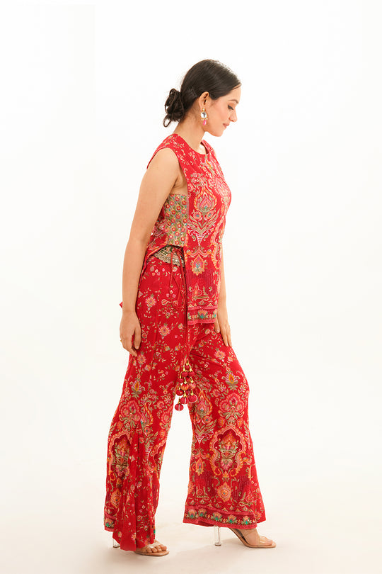 Red 2-Piece Co-ord Set: Short Top with Cut Sleeves and Kalidaar Bottom