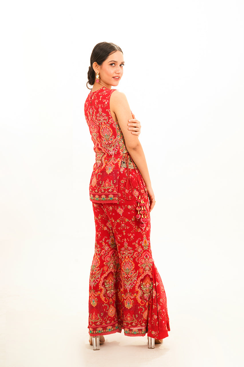 Red 2-Piece Co-ord Set: Short Top with Cut Sleeves and Kalidaar Bottom