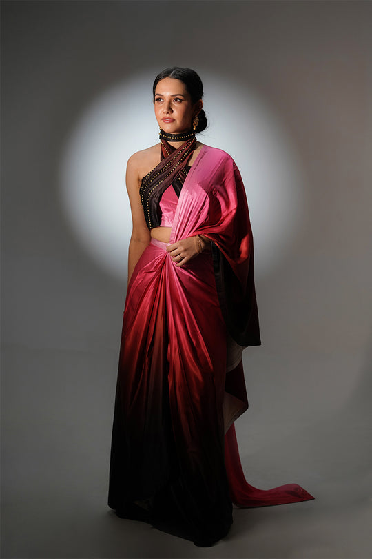 Pink Ombre Satin Pre Draped Saree with Cut Sleeves Blouse