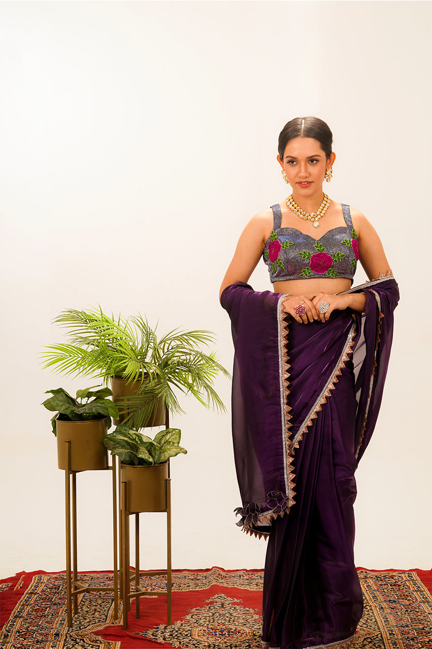 Pre Drape Purple Saree with Pink Blouse