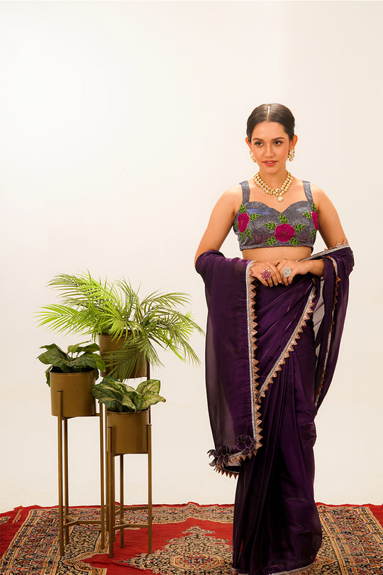 Pre Drape Purple Saree with Pink Blouse