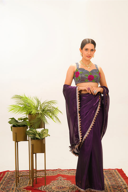 Pre Drape Purple Saree with Pink Blouse