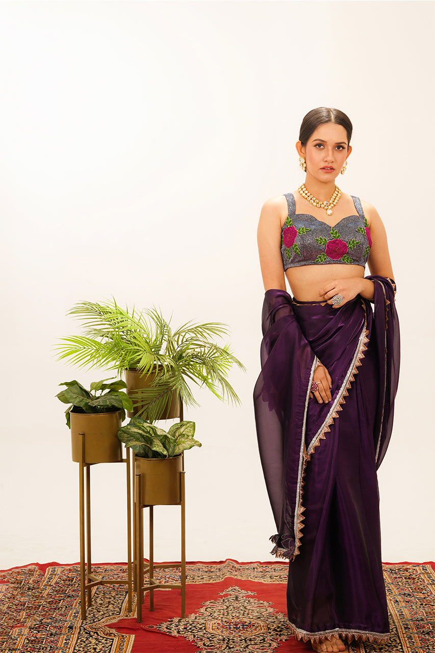 Pre Drape Purple Saree with Pink Blouse