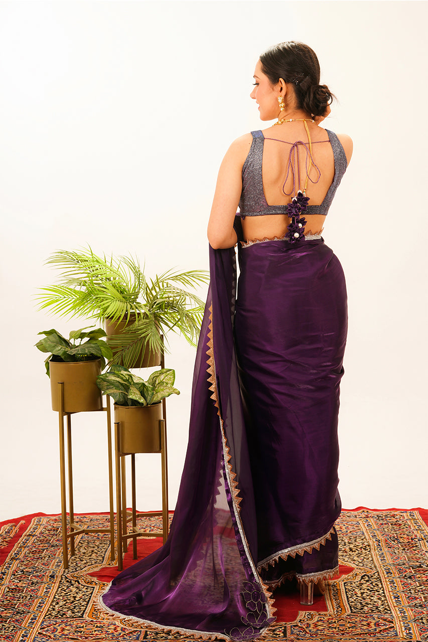 Pre Drape Purple Saree with Pink Blouse