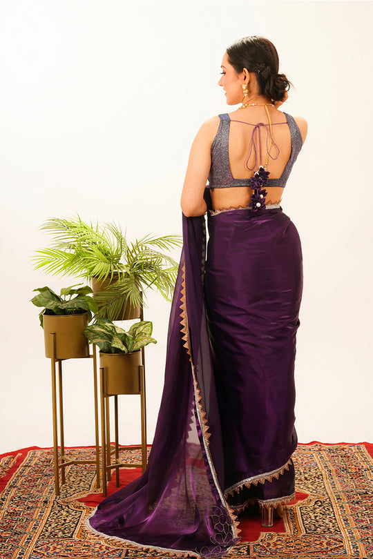 Pre Drape Purple Saree with Pink Blouse