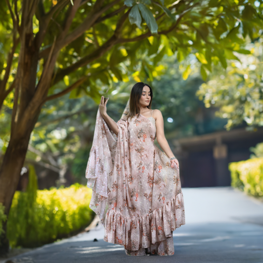 Beige Cotton Viscose And Lycra Sharara With Cape Saree