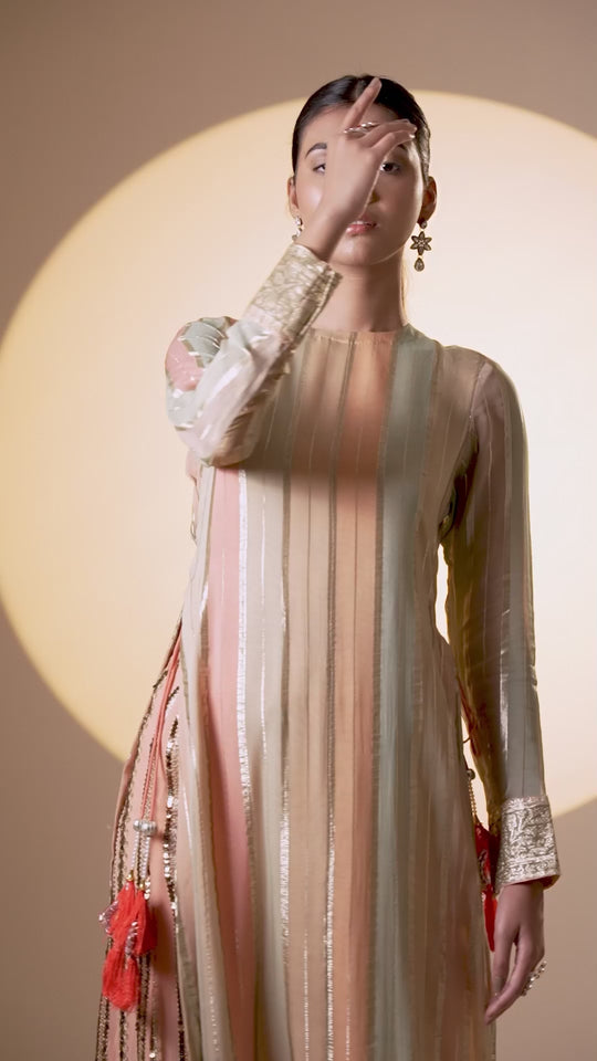 Peach and Green Georgette Kurta with Sharara