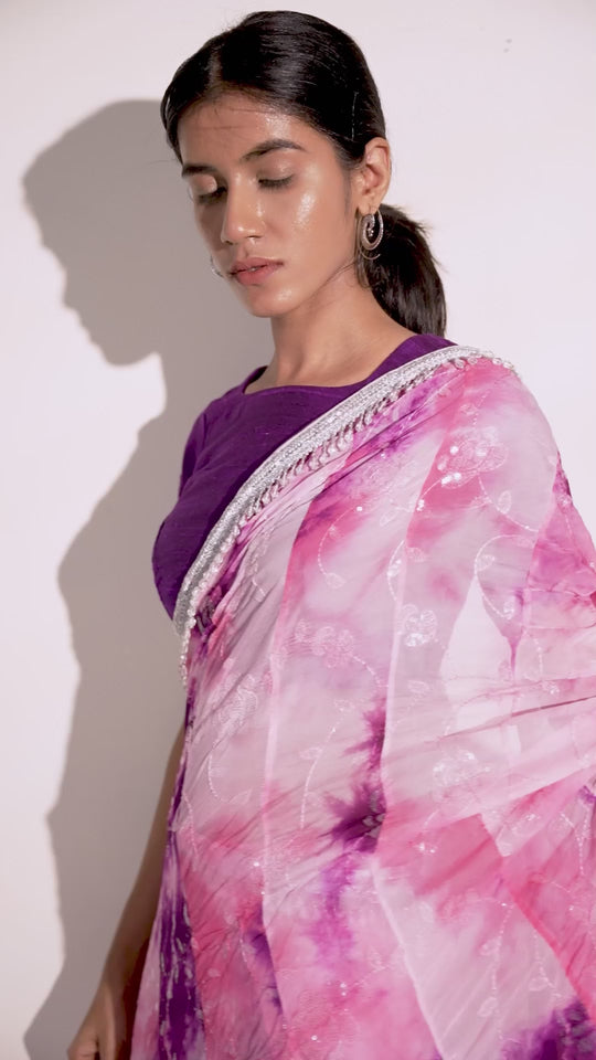Pink & Purple Viscose Organza Pre-Drape Saree