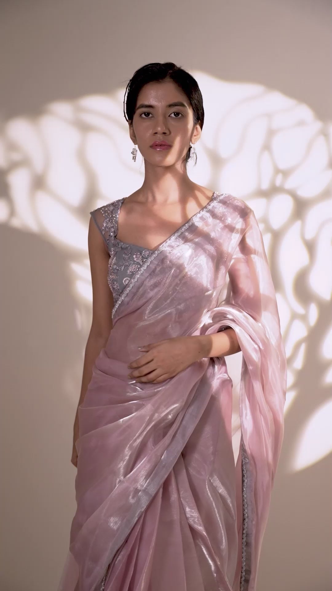 Powder Pink and Grey Pre Draped Saree