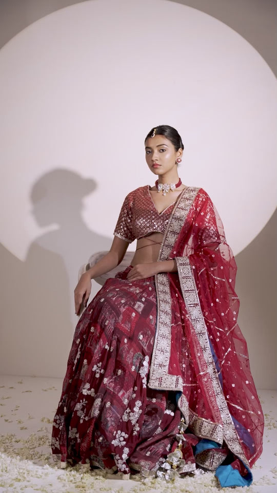 Red & Teel Organza and Georgette Double Gher Lehanga